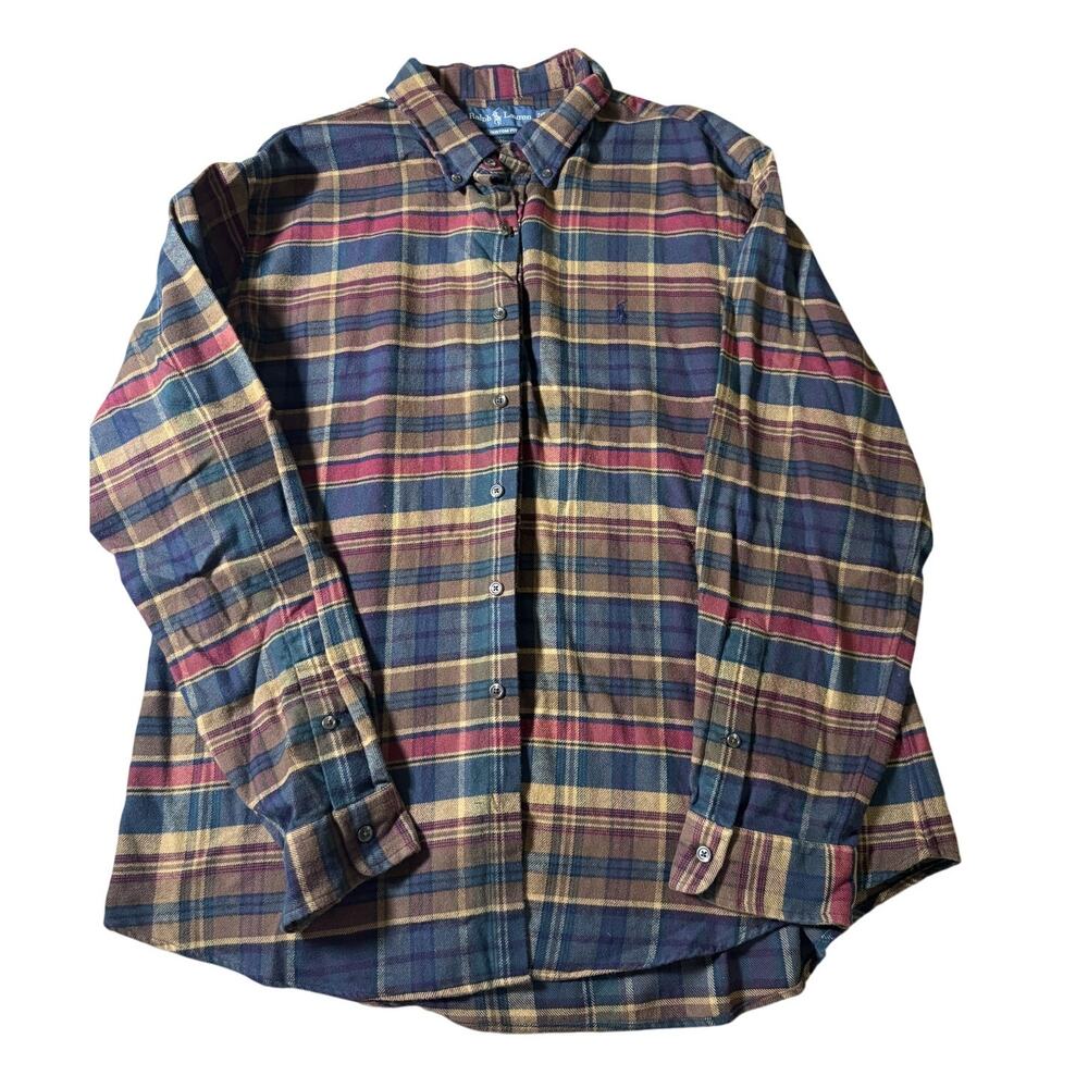 Polo Ralph Lauren Men’s XXL Plaid Flannel Shirt Custom Fit Blue Burgundy